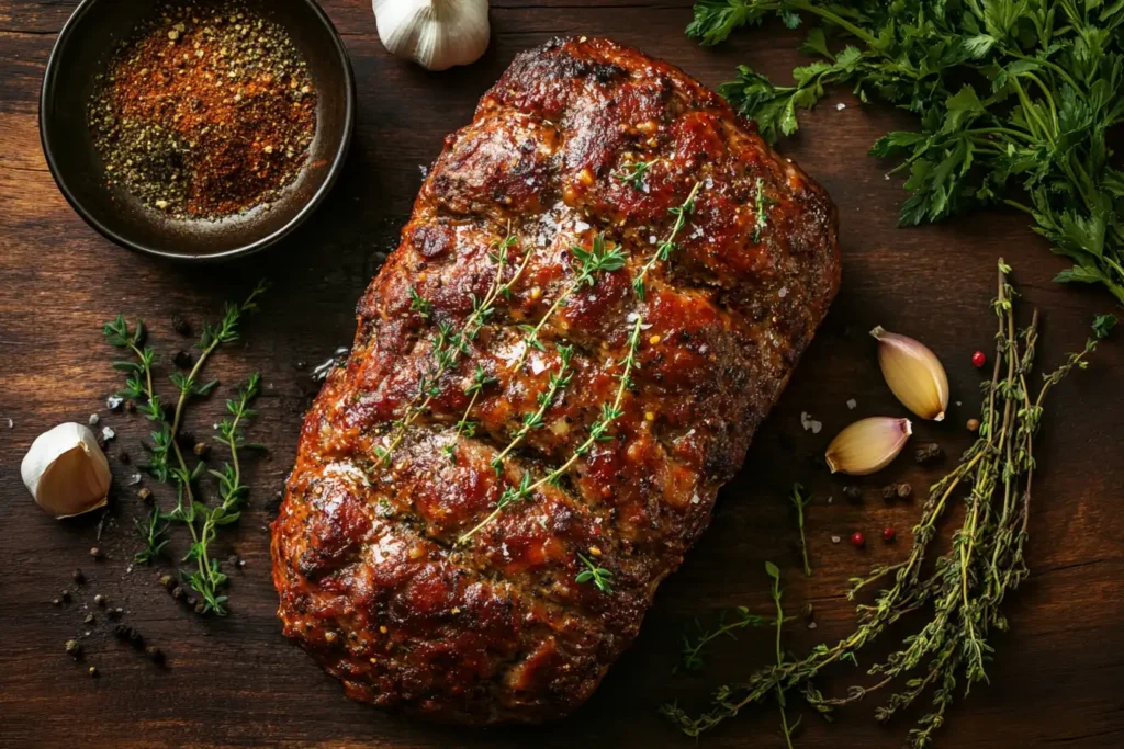 Freshly baked meatloaf garnished with herbs and surrounded by meatloaf seasoning ingredients.