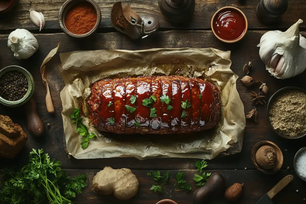 A glazed meatloaf topped with fresh parsley, surrounded by ingredients like breadcrumbs, eggs, and seasonings on a rustic table.
