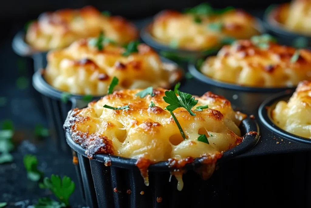A tray of freshly baked macaroni and cheese cups garnished with parsley, showing crispy golden edges and melted cheese oozing.