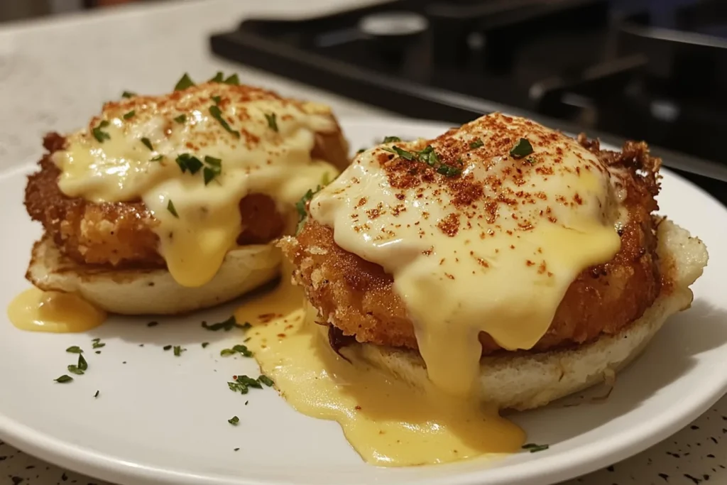 Crab cake eggs benedict topped with poached eggs and Hollandaise sauce on a toasted English muffin.
