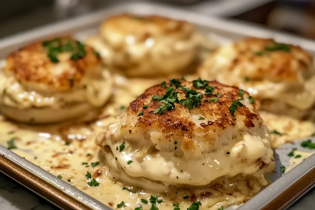 Crab cake eggs benedict topped with poached eggs and Hollandaise sauce on a toasted English muffin.