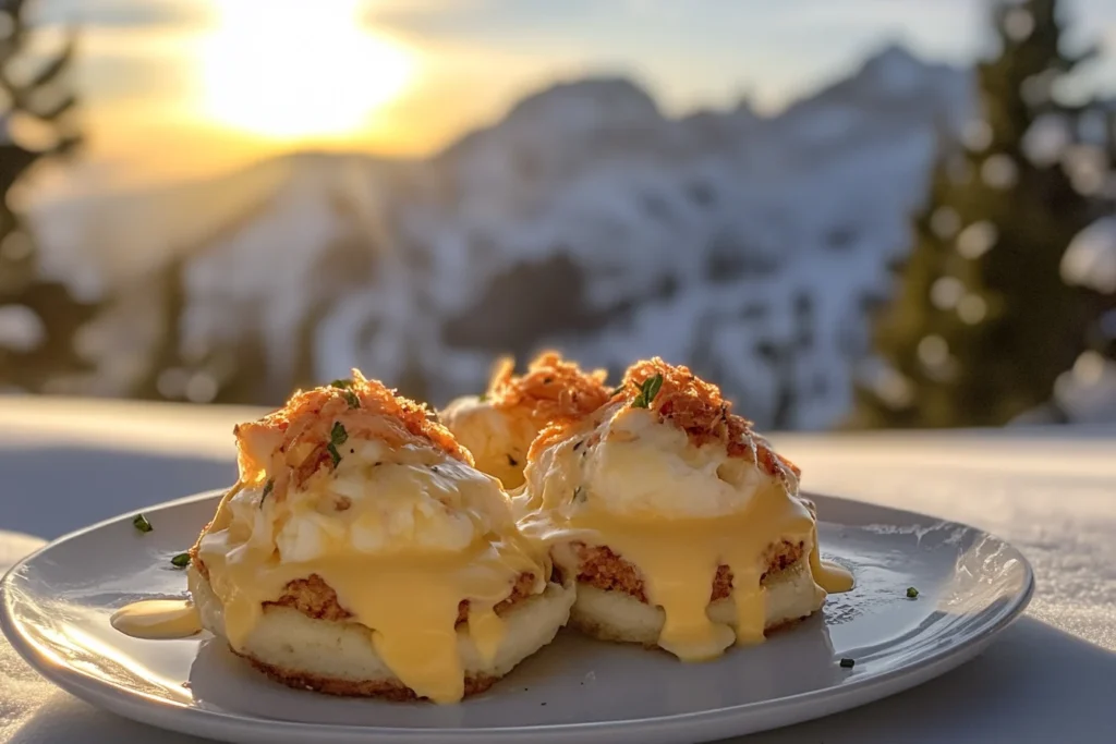 Crab cake eggs benedict topped with poached eggs and Hollandaise sauce on a toasted English muffin.