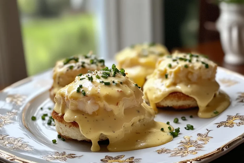 Crab cake eggs benedict served with Hollandaise sauce
