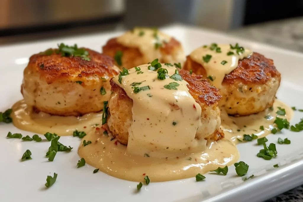 Crab cake eggs benedict served with Hollandaise sauce