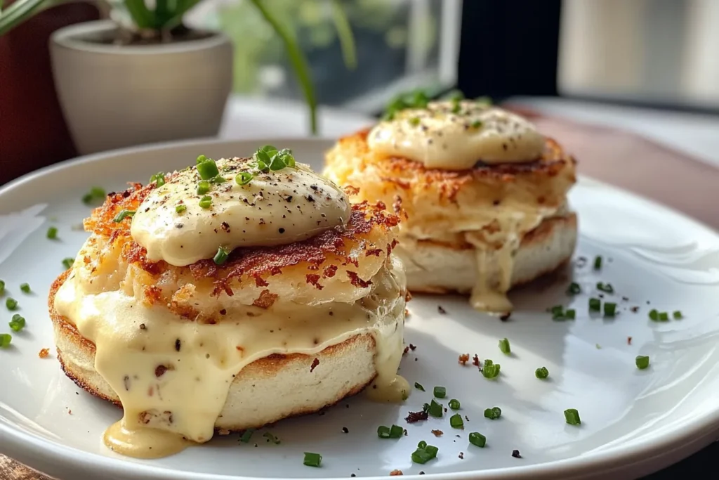 Crab cake eggs benedict served with Hollandaise sauce