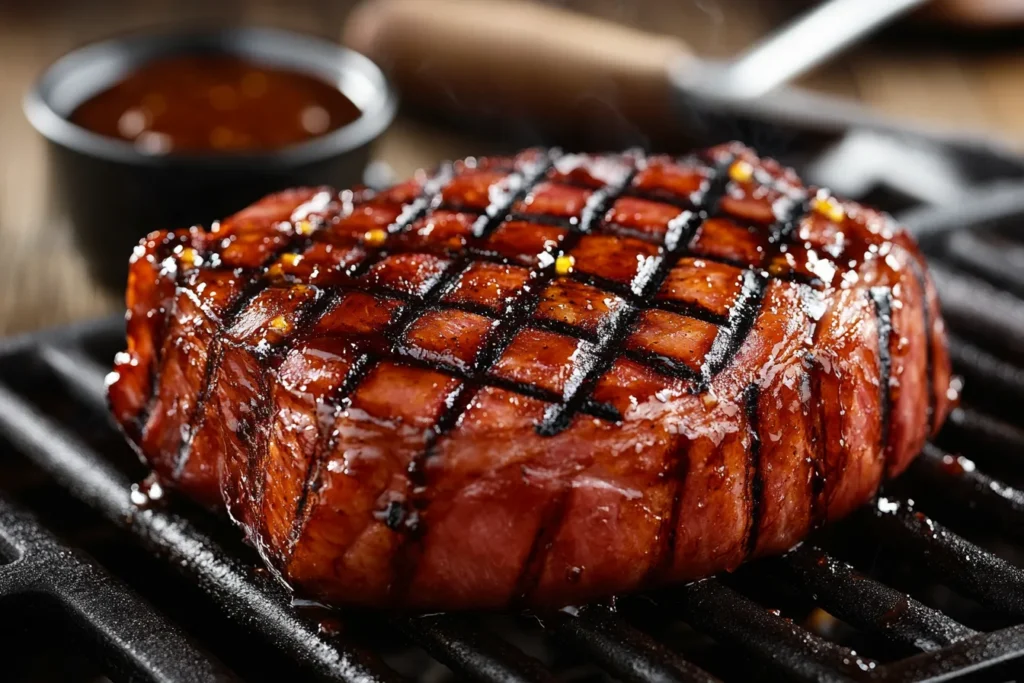 Close-up of a ham steak sizzling on a grill with visible char marks and caramelized glaze dripping, surrounded by grilling tools.
