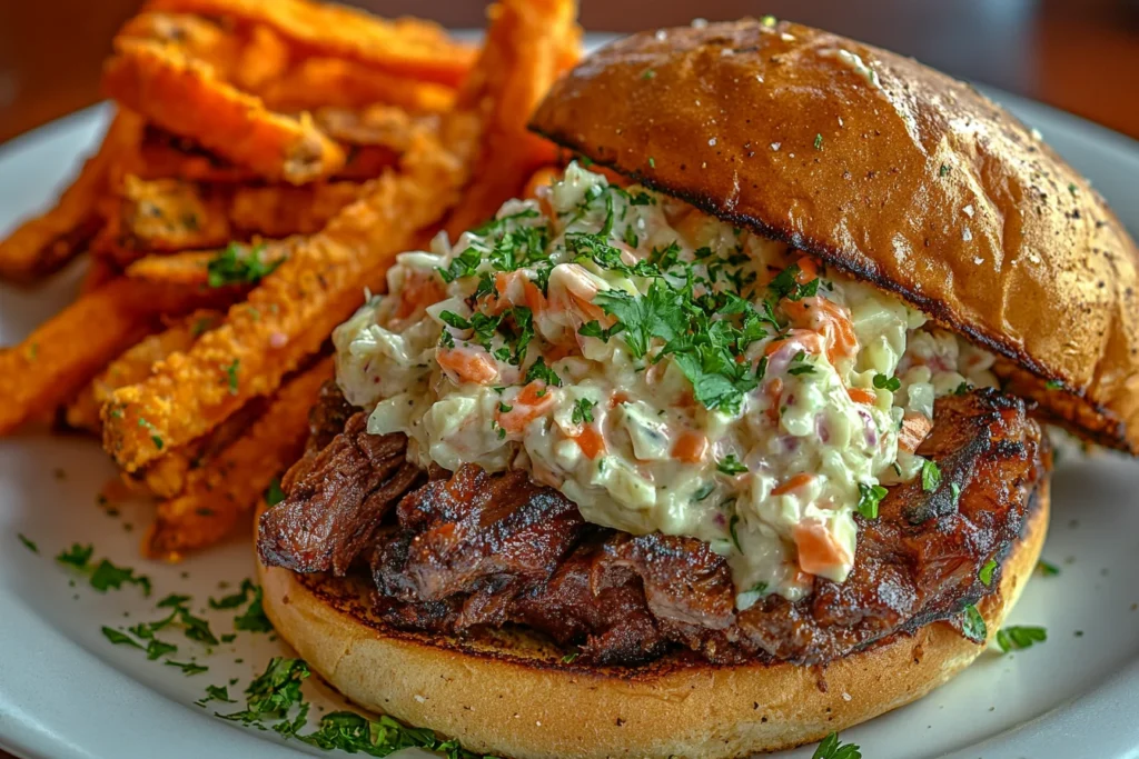 Close-up of a pulled pork sandwich served with sweet potato fries and creamy coleslaw, garnished with fresh parsley.