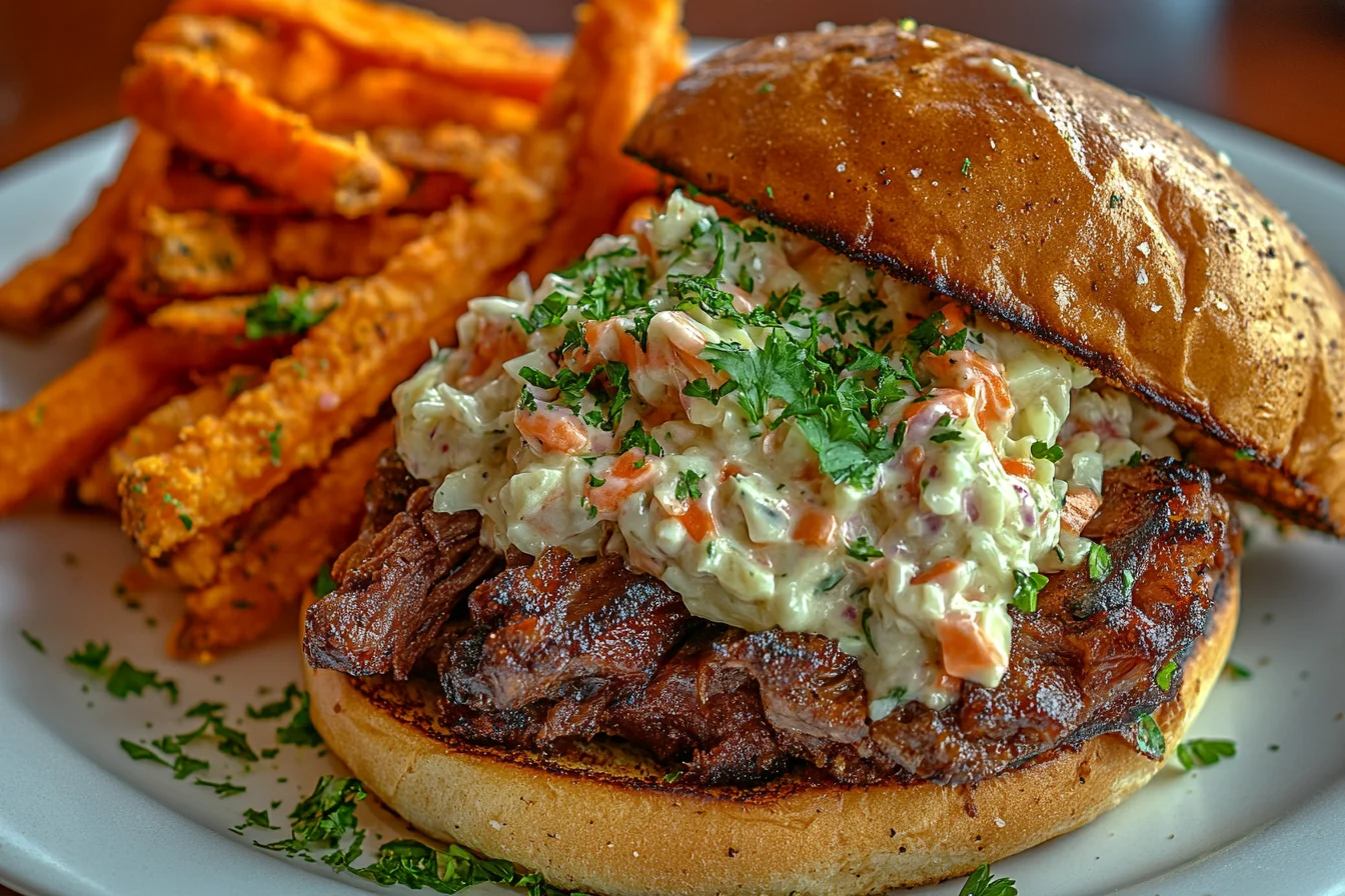 Close-up of a pulled pork sandwich served with sweet potato fries and creamy coleslaw, garnished with fresh parsley.