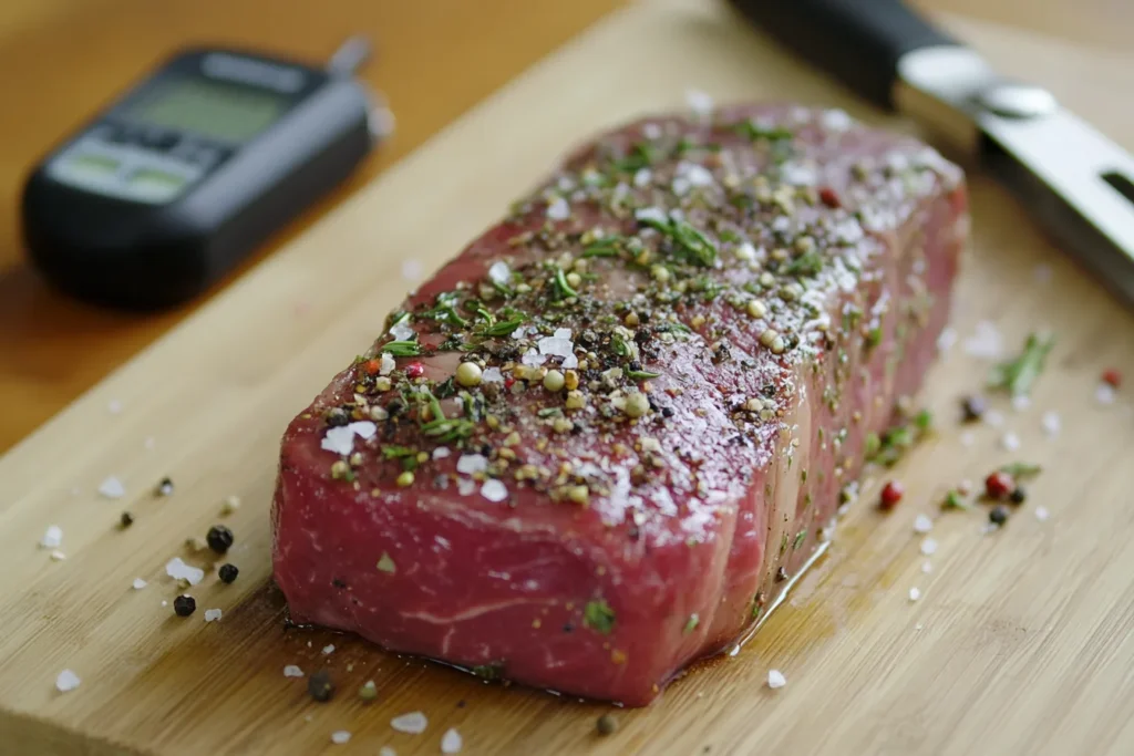 Close-up of raw sirloin steak being seasoned with salt, pepper, and herbs on a wooden cutting board with grilling utensils.
