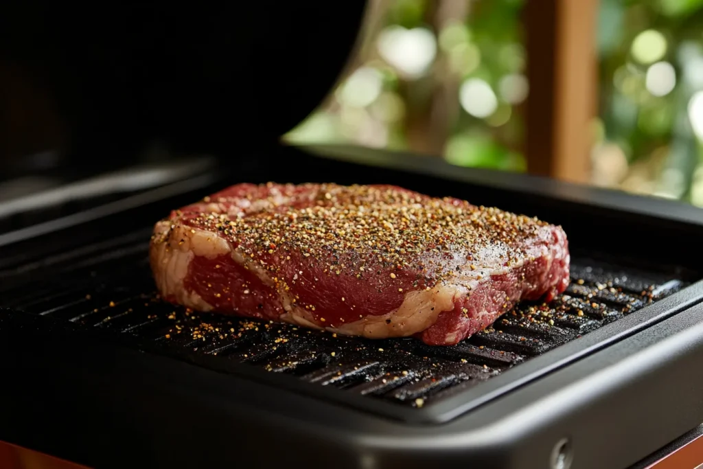Close-up of a seasoned raw ribeye steak being prepared on a gas grill, surrounded by herbs and spices.
