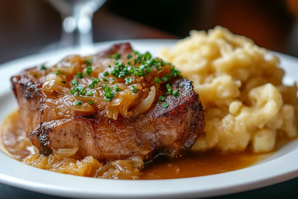 Traditional German-style pork dish served with sauerkraut and spaetzle on a white plate with a dark backdrop.