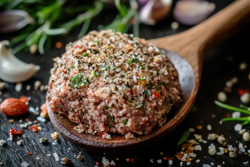 Wooden spoon filled with homemade meatloaf seasoning blend and scattered ingredients.
