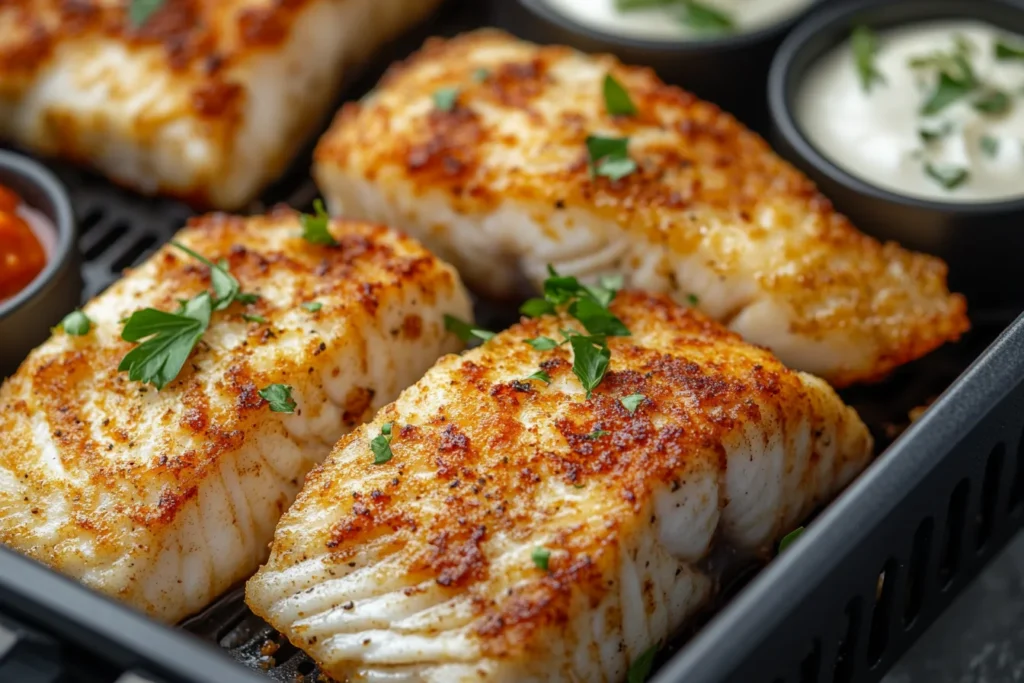 Crispy golden fish fillets fresh out of an air fryer basket, garnished with parsley and served with lemon wedges.