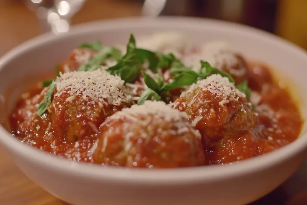 Juicy meatballs simmering in a thick tomato sauce topped with fresh basil leaves and grated Parmesan cheese.