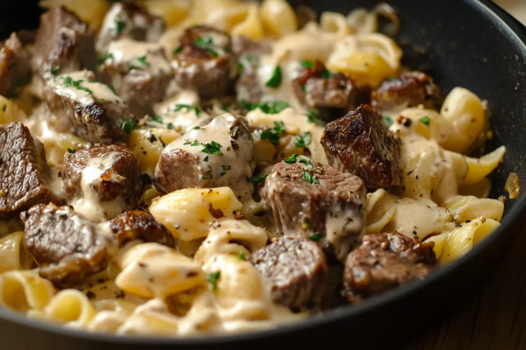 A skillet with sizzling beef, bell peppers, onions, and mushrooms being sautéed for Philly Cheesesteak Pasta.
