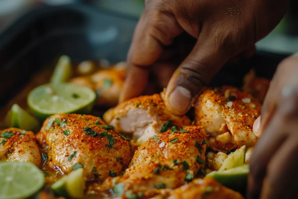Hands rubbing a vibrant lime, garlic, and spice marinade onto a half chicken.