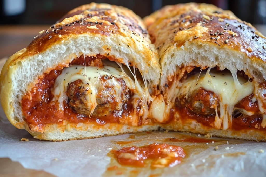 A close-up of a sliced firehouse meatball sub showing meatballs, marinara, and melted provolone cheese inside a toasted bun.