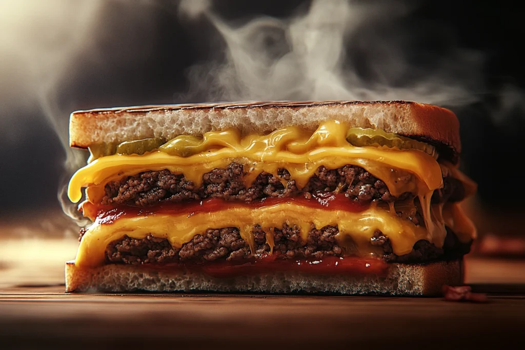 Cross-section of a double cheeseburger showing juicy beef patties, melted cheese, and crisp toppings.