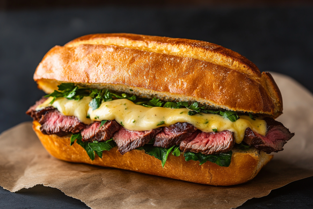 Philly cheesesteak sandwich with thinly sliced steak, melted cheese, and soft roll.