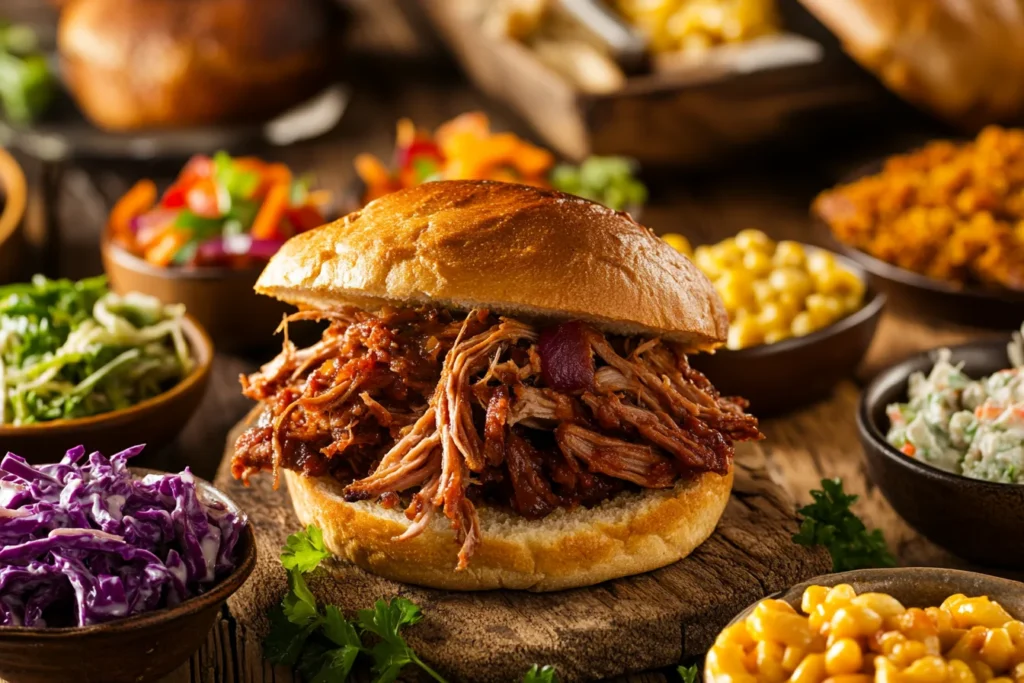 Pulled pork sandwiches on a wooden table surrounded by colorful sides like coleslaw, mac and cheese, and cornbread.