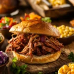 Pulled pork sandwiches on a wooden table surrounded by colorful sides like coleslaw, mac and cheese, and cornbread.