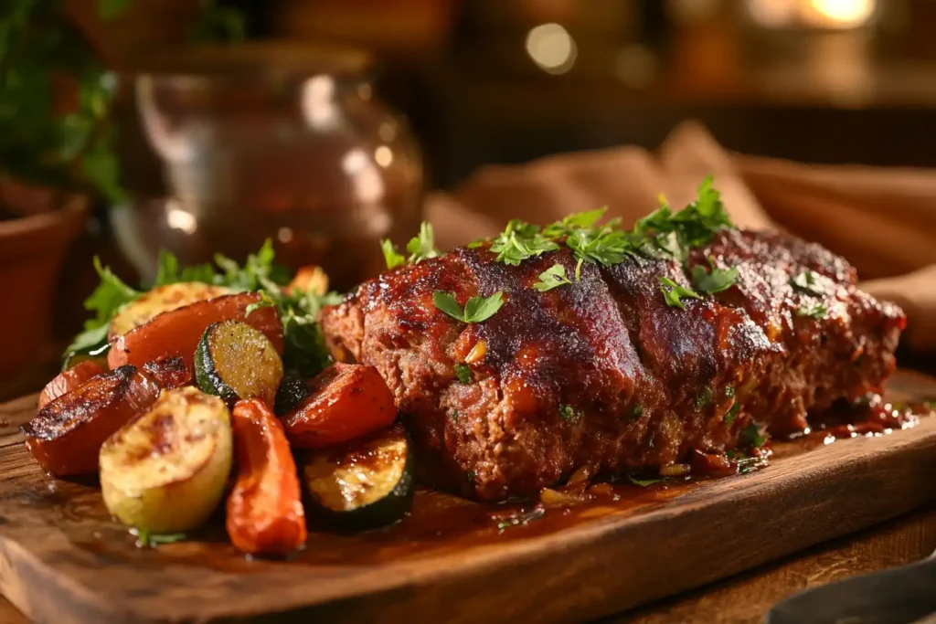 Italian meatloaf served on a wooden platter with marinara sauce and parsley garnish