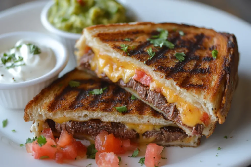 A close-up of a steak grilled cheese burrito with a crispy cheese crust, sliced open to reveal tender steak, melted cheese, and rice inside.