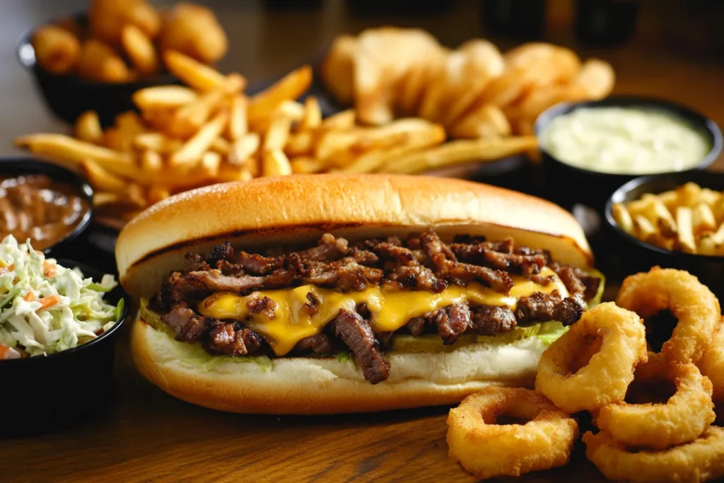 A Philly cheesesteak served on a wooden table with sides like French fries, onion rings, and coleslaw, ready to eat.