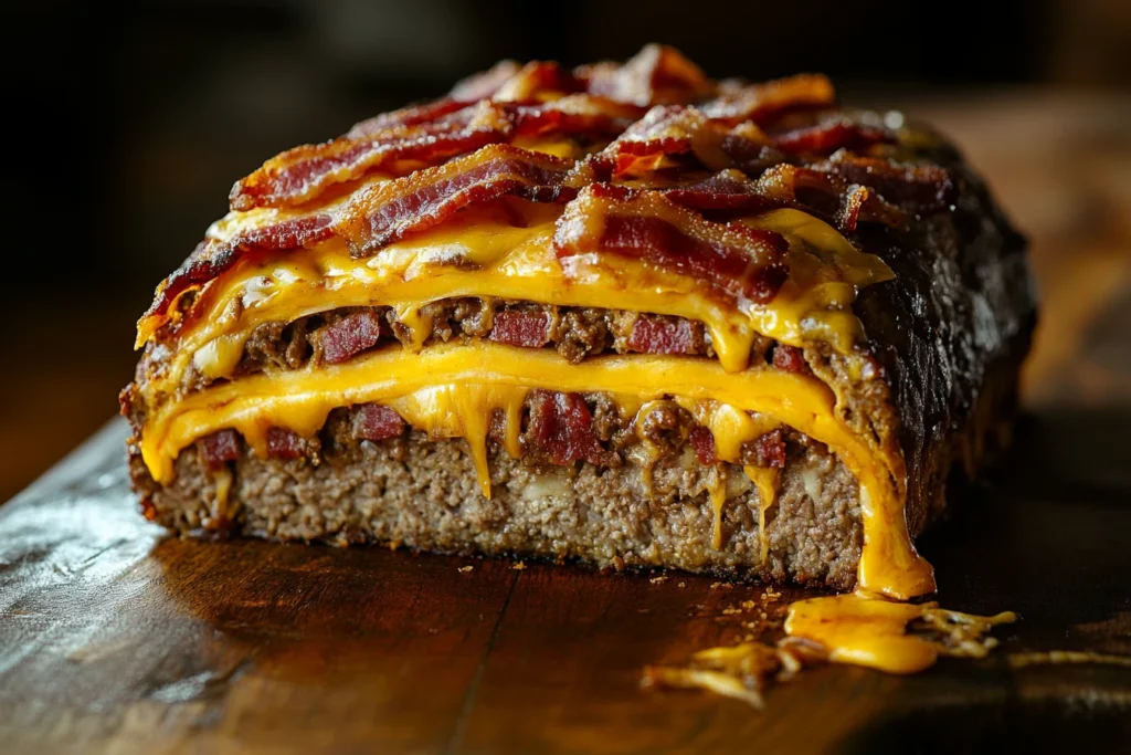 Juicy bacon cheeseburger meatloaf sliced open with melted cheese and crispy bacon on a rustic wooden board.