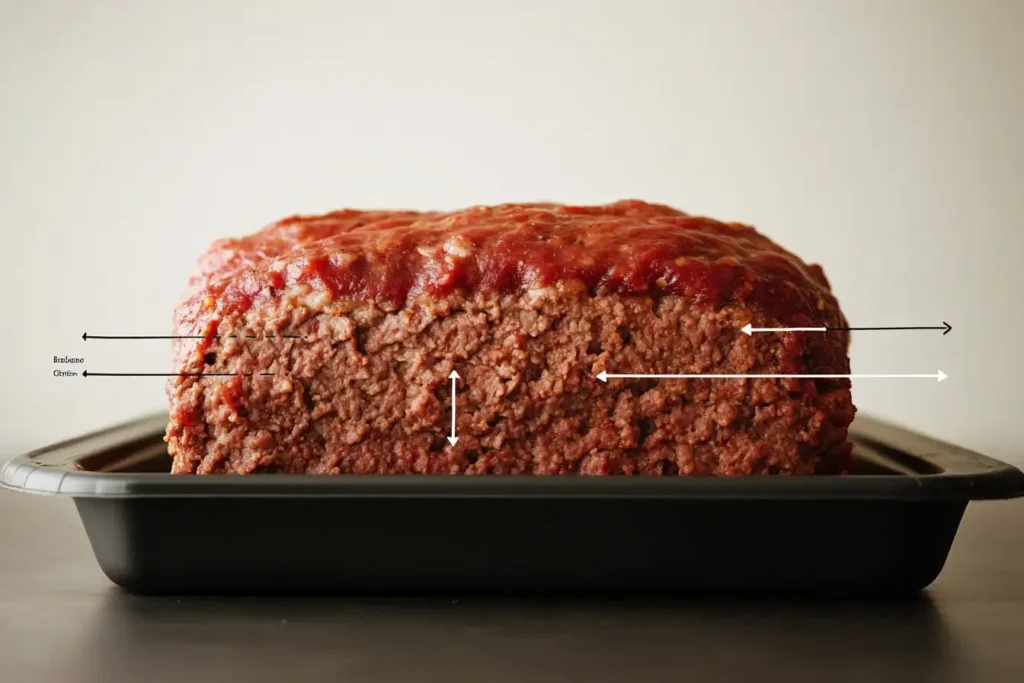 An illustrated diagram showing the proportions of meat, binders, and liquids for a basic meatloaf formula with visual arrows and ingredient labels.