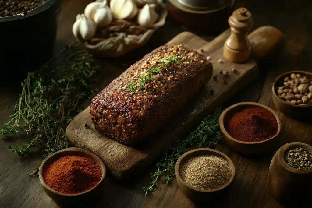 Rustic kitchen scene with a freshly baked meatloaf on a wooden table, surrounded by small bowls of herbs and spices like garlic powder, thyme, and paprika.