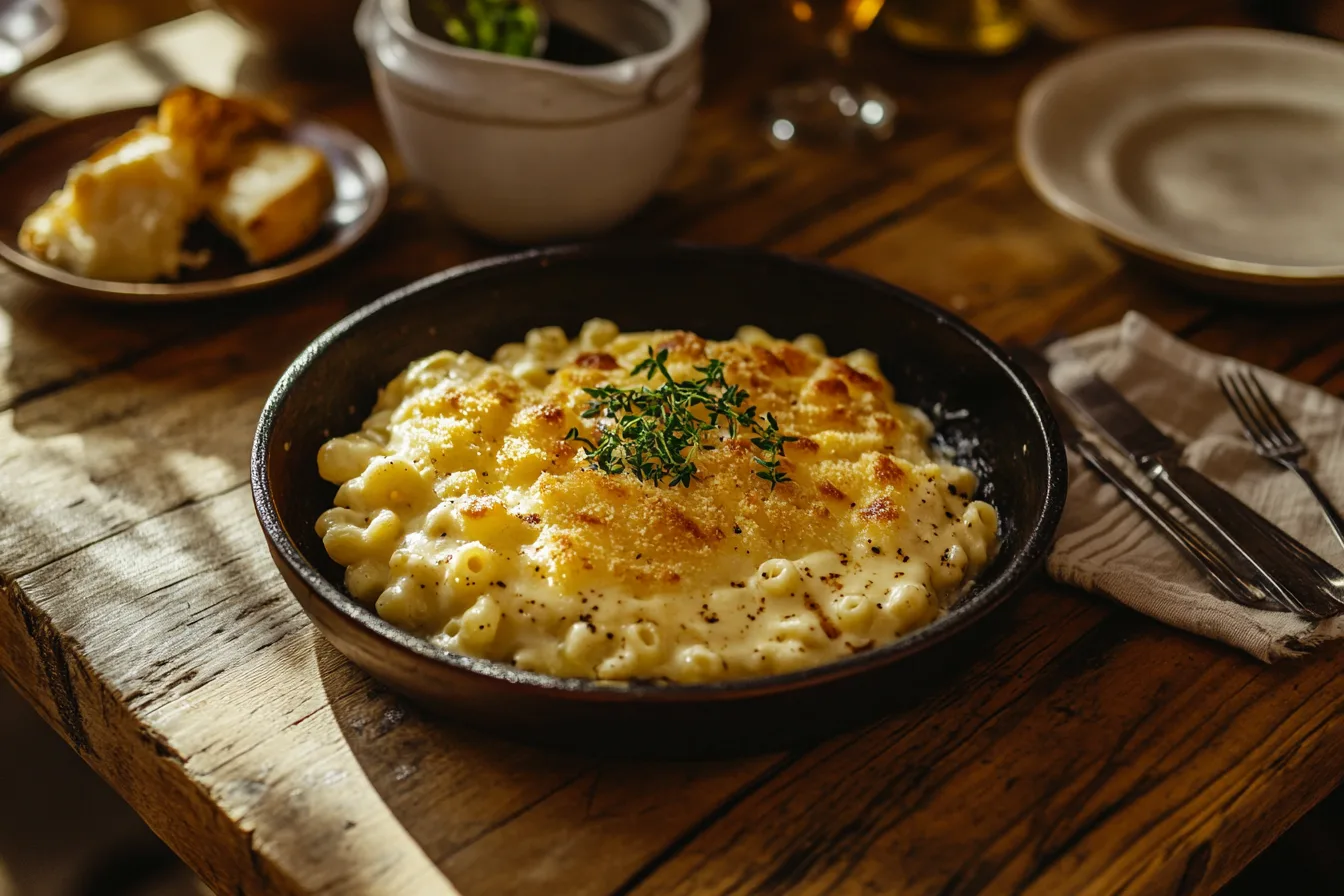 A rustic plate of the original mac and cheese with creamy cheese sauce and golden pasta.