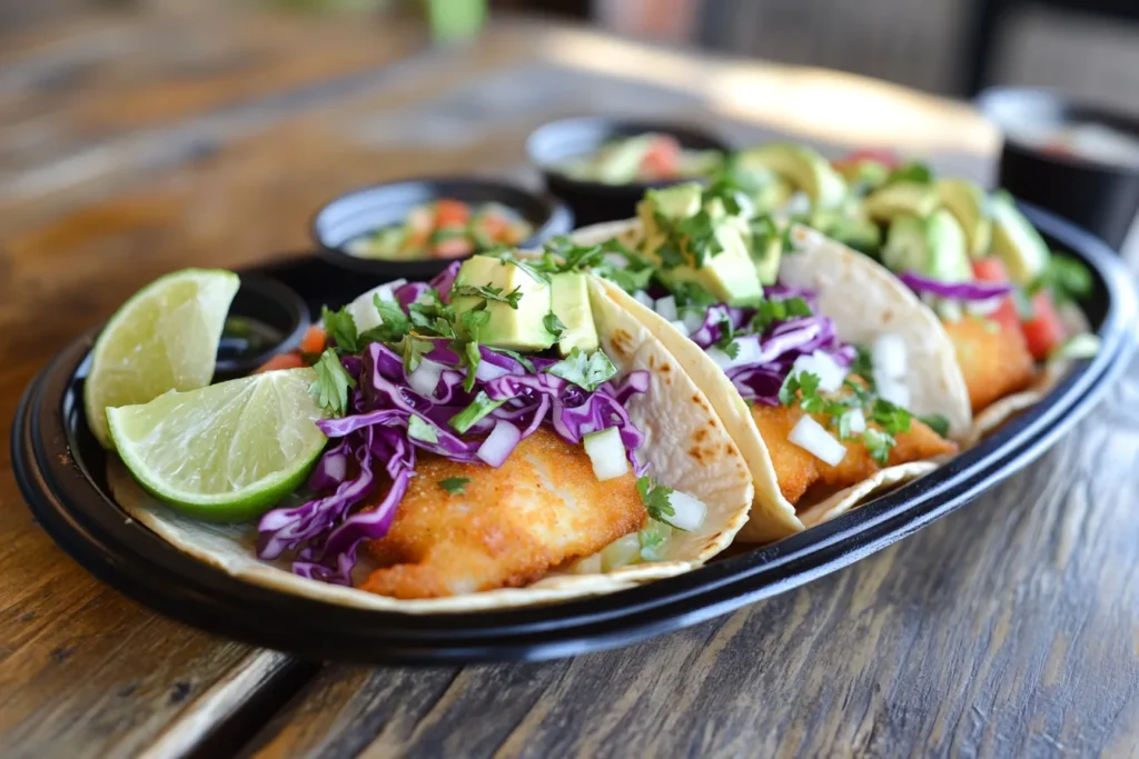 A vibrant fish taco platter with fresh toppings, including avocado, red cabbage slaw, lime wedges, and a creamy sauce on a rustic wooden table.