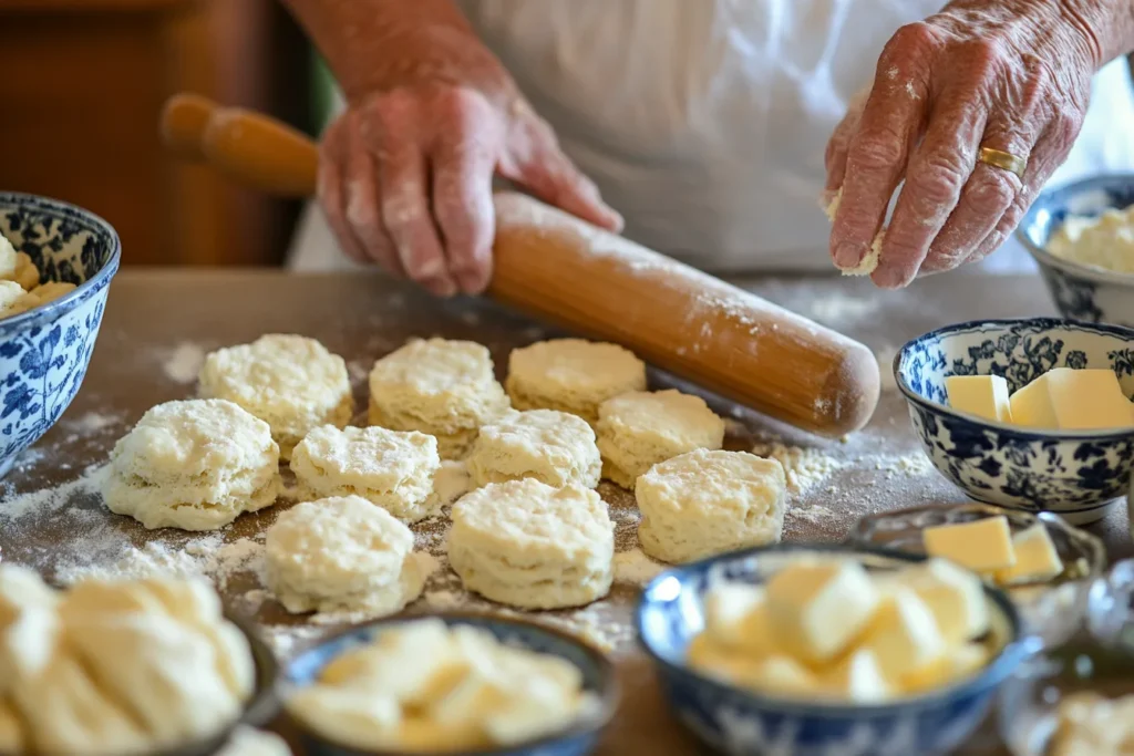 Hands shaping biscuit dough with a rolling pin in a traditional Southern kitchen, surrounded by bowls of flour and butter.