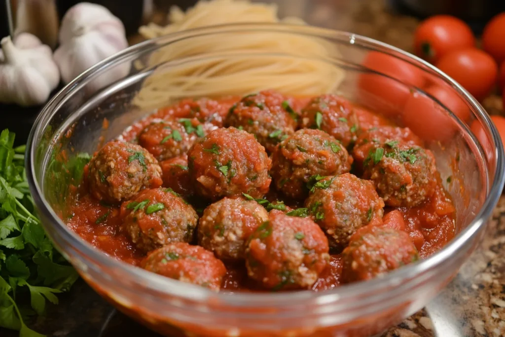 Juicy meatballs mixed with spaghetti and tomato sauce in a bowl with fresh ingredients surrounding it.