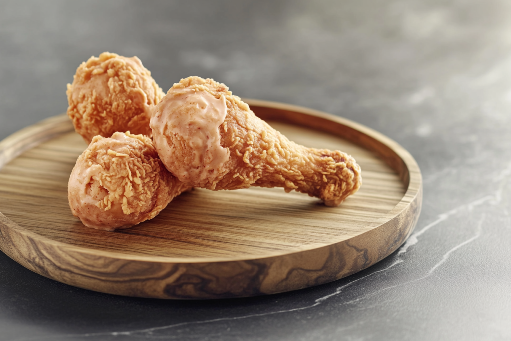 A plate of Not Fried Chicken Ice Cream resembling crispy fried chicken drumsticks, served on a wooden platter.