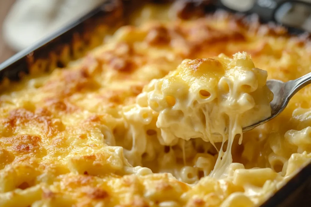 A spoon scooping creamy mac and cheese from a baking dish, showing gooey cheese strings.