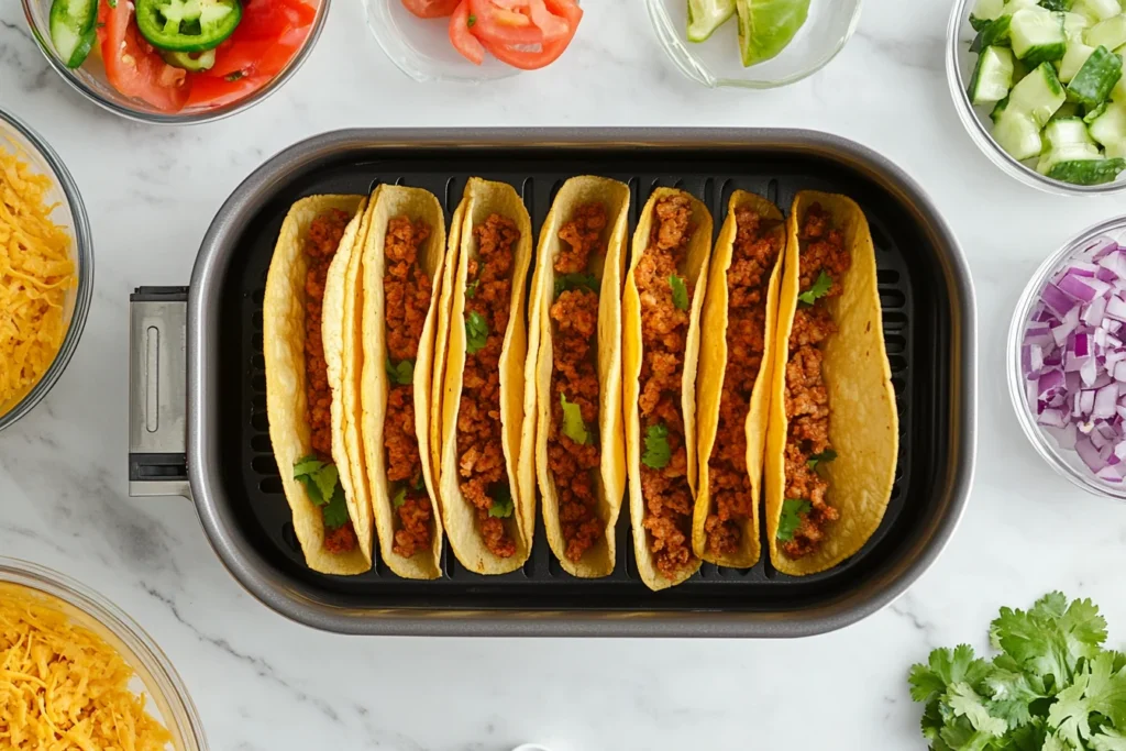Step-by-step process of assembling tacos, including filling, folding, and placing them in an air fryer.