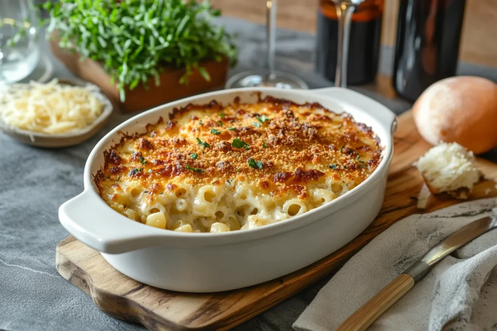 Golden, creamy old fashioned baked macaroni and cheese served in a casserole dish with melted cheese on top.