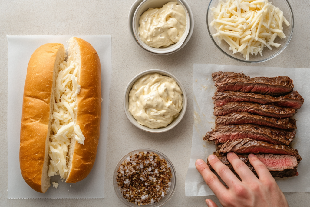 Step-by-step preparation of a Philly cheesesteak with steak, cheese, and secret ingredient.