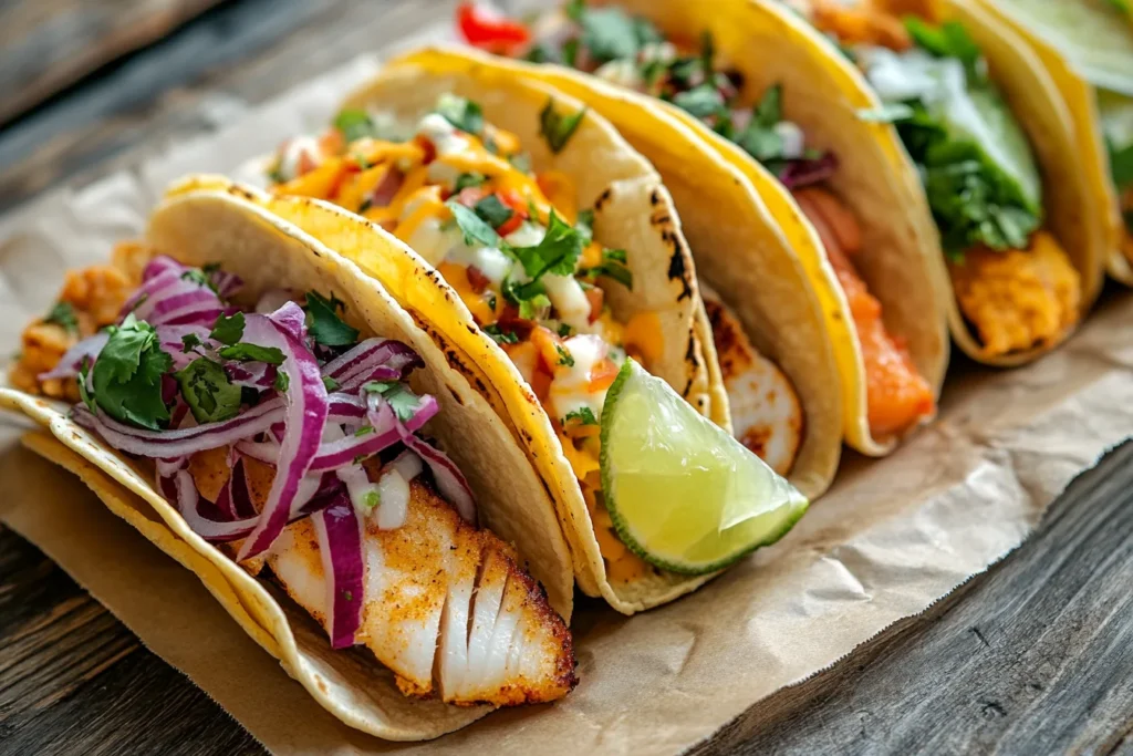 A variety of fish tacos featuring cod, mahi-mahi, salmon, and snapper, served with fresh toppings like slaw, avocado, and lime wedges.