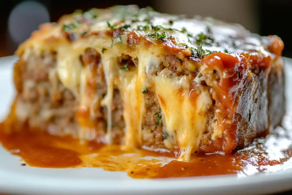 A slice of Italian meatloaf showing a cheesy stuffing and marinara drizzle