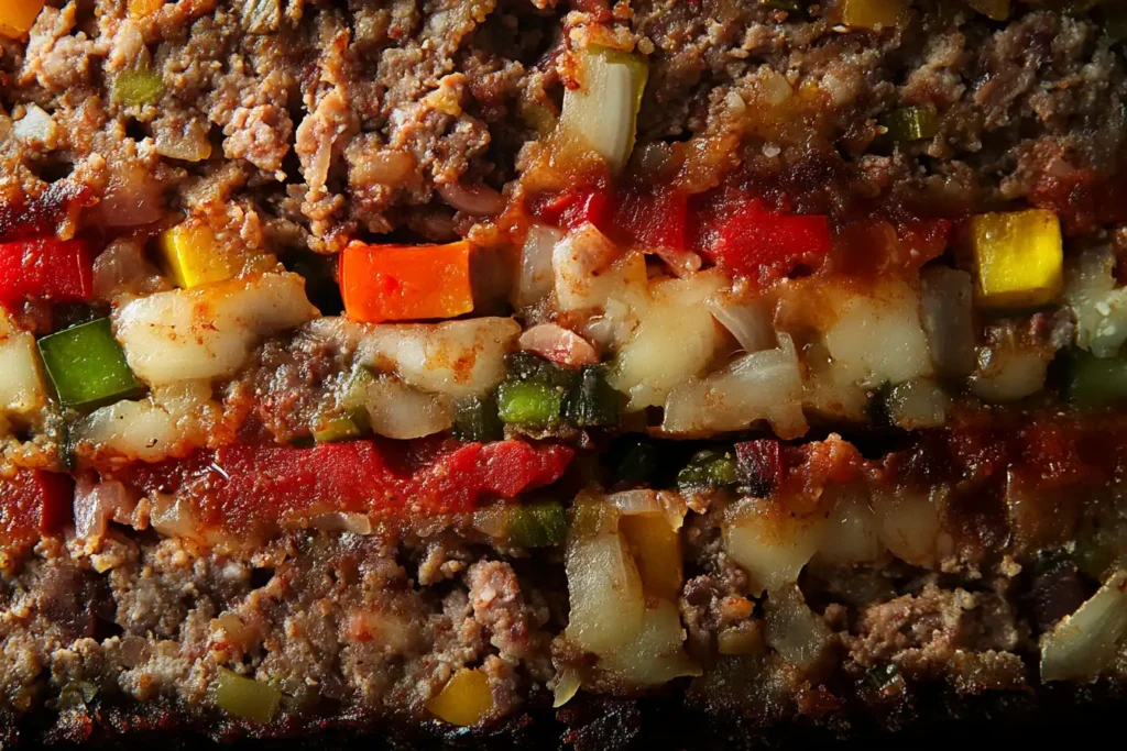 Close-up view of a sliced meatloaf showing its juicy texture, colorful vegetable inclusions, and crispy crust.