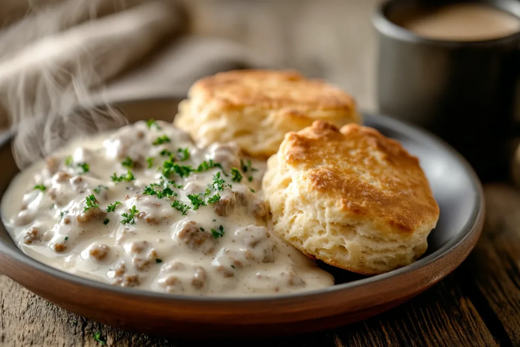 A wooden table with a steaming plate of biscuits topped with creamy sausage gravy, surrounded by a mug of coffee and rustic decor.