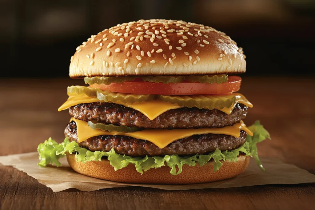 Freshly made double cheeseburger with two beef patties, melted cheese, lettuce, tomato, and pickles on a toasted sesame bun.