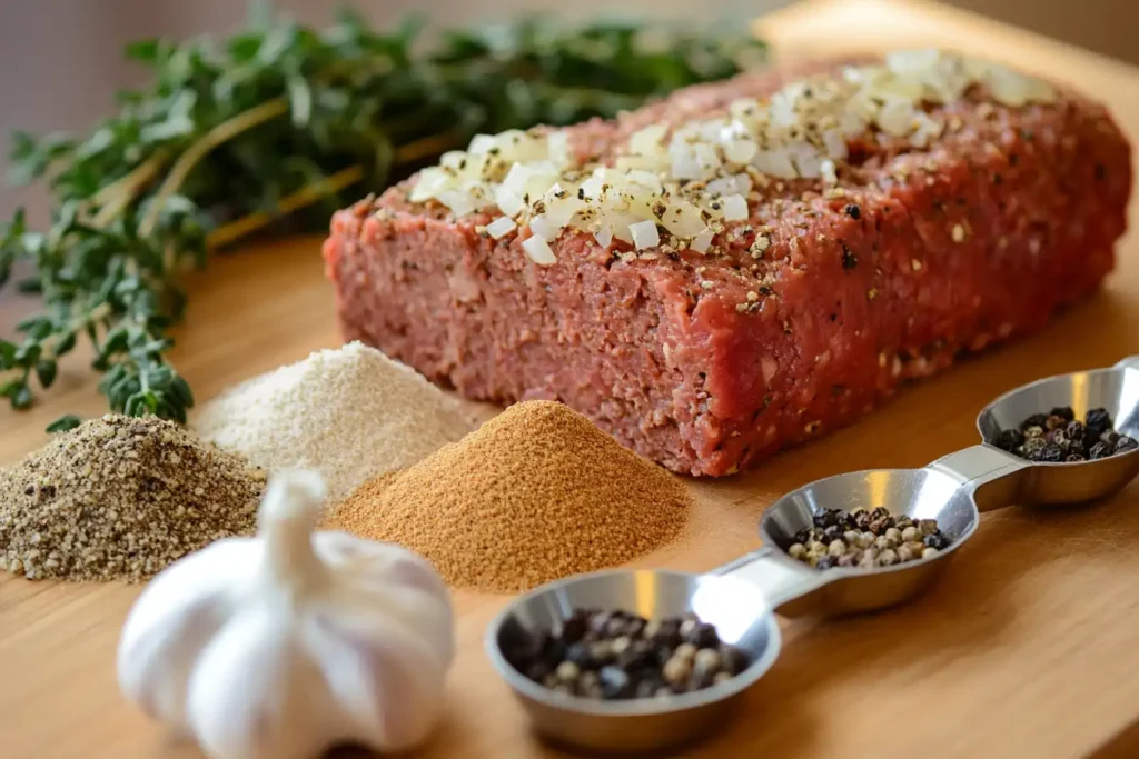 Close-up of labeled meatloaf seasoning ingredients, including garlic powder, onion powder, thyme, paprika, and black pepper, on a wooden cutting board with measuring spoons.