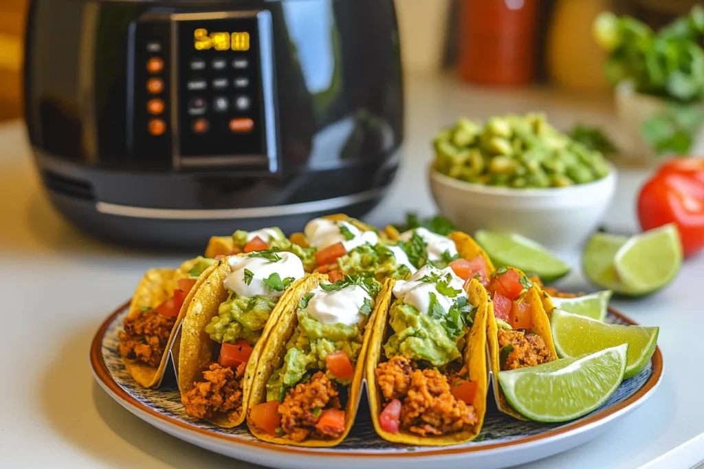 A plate of crispy air fryer tacos with guacamole, sour cream, and lime wedges on the side.