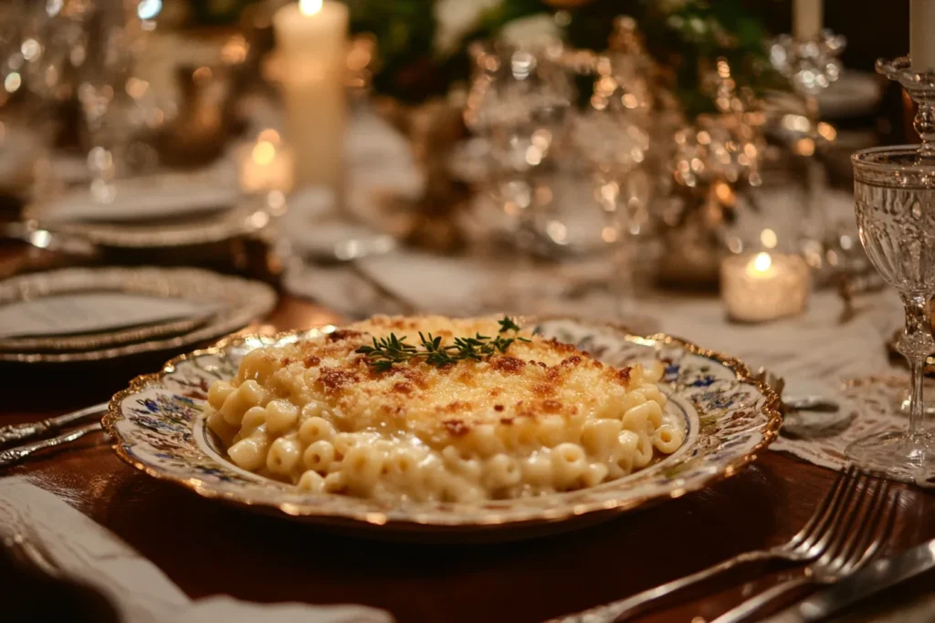 Thomas Jefferson at a state dinner table serving macaroni and cheese to guests.