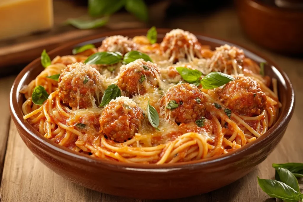 Hot baked spaghetti and meatballs casserole with golden melted cheese and fresh basil garnish.