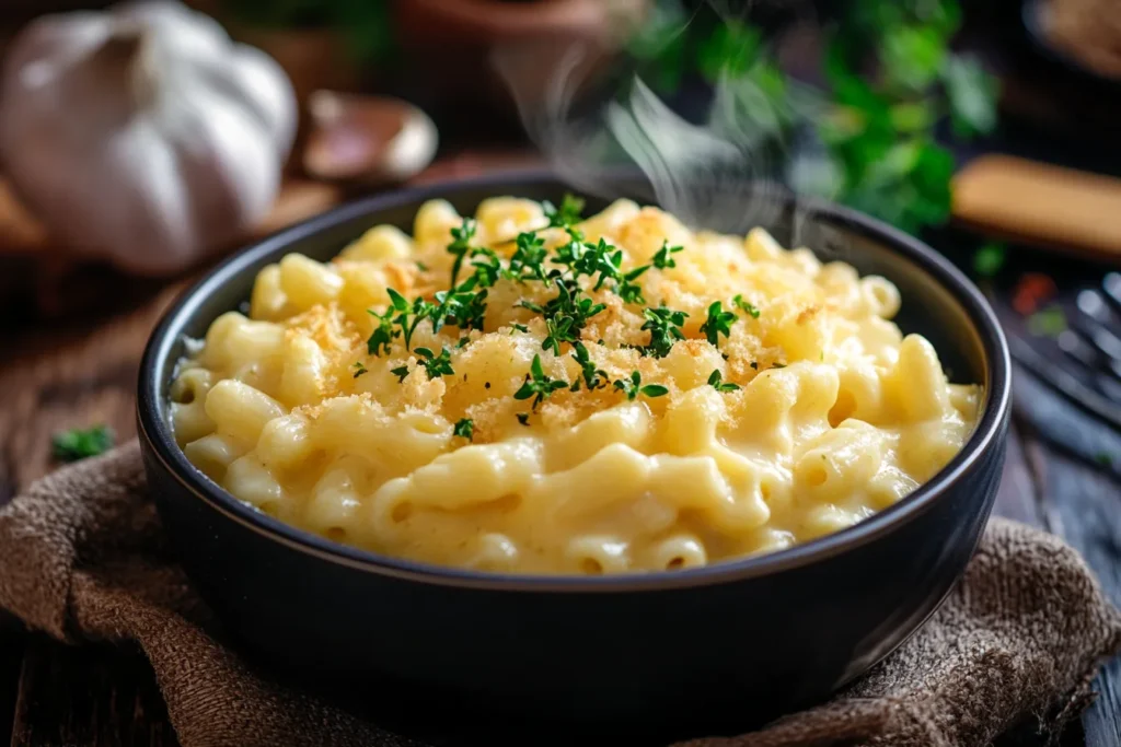 A steaming bowl of creamy mac and cheese garnished with fresh parsley, served in a rustic kitchen setting.